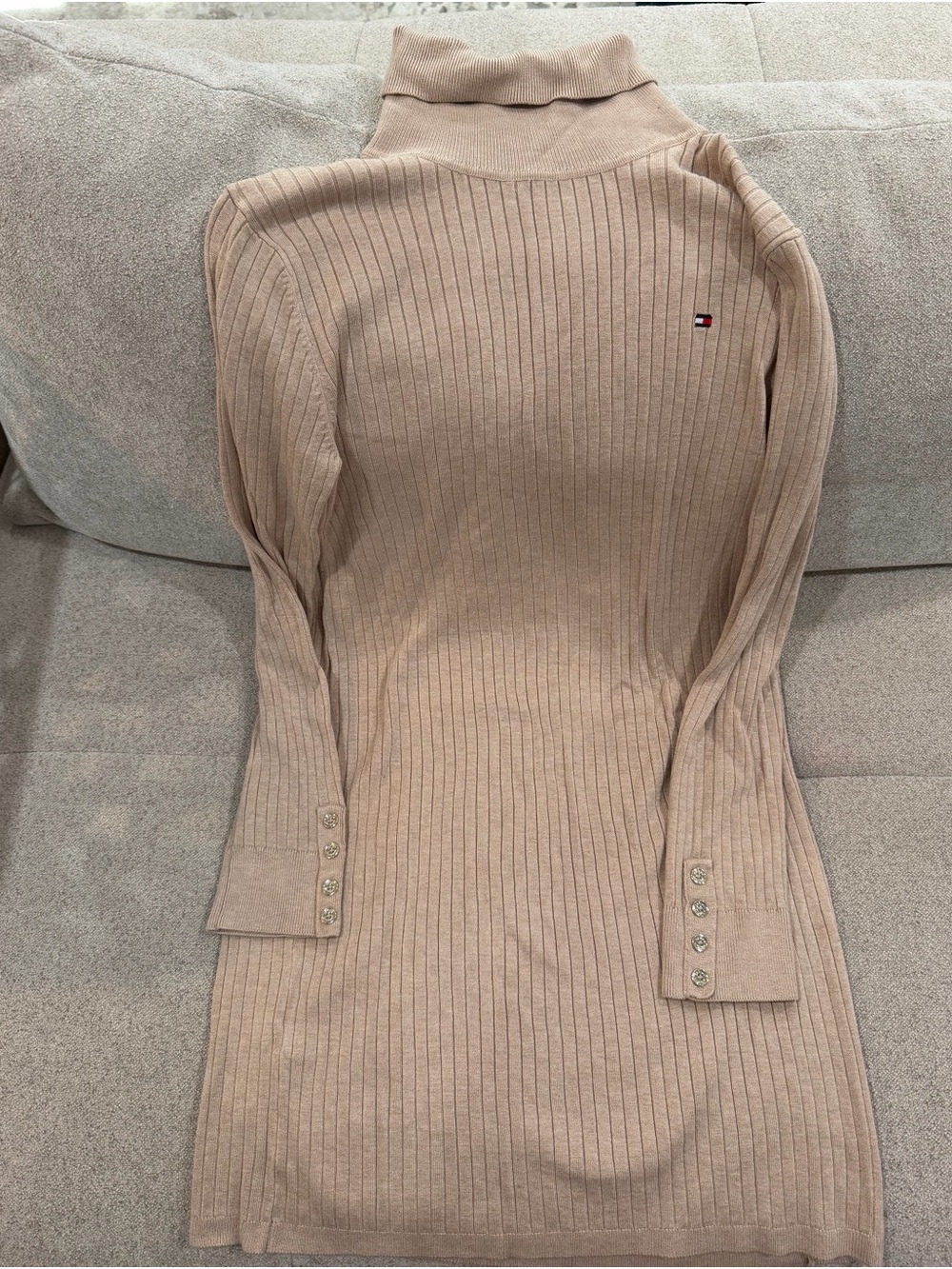 Tommy Hilfiger Beige Ribbed Turtleneck Sweater Dress